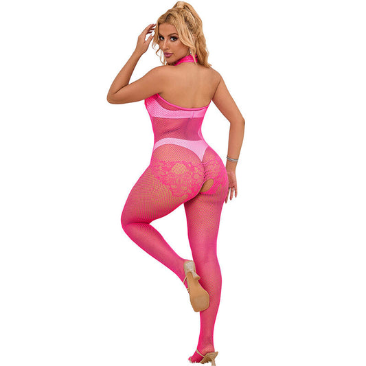 Subblime Bodystocking Résille et Dentelle sans Fourrure avec Col Montant Rose Taille Unique (vue 2)