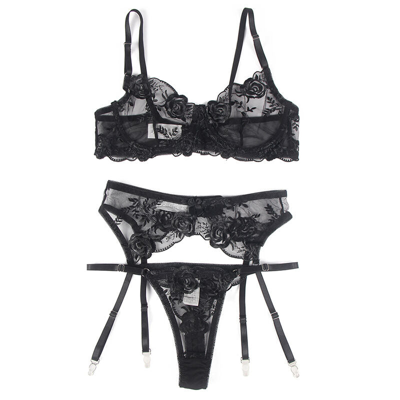 Subblime Ensemble 3 Pièces Soutien-gorge + String + Jarretière Imprimé Floral Noir S/m (vue 5)
