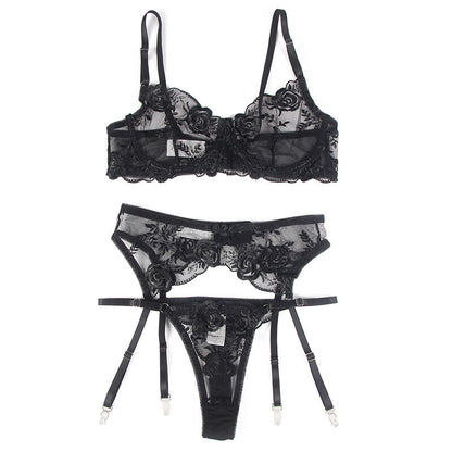 Subblime Ensemble 3 Pièces Soutien-gorge + String + Jarretière Imprimé Floral Noir S/m (vue 5)