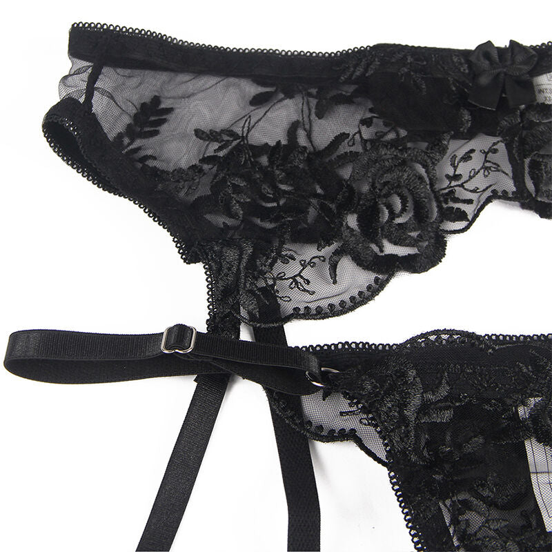 Subblime Ensemble 3 Pièces Soutien-gorge + String + Jarretière Imprimé Floral Noir S/m (vue 9)