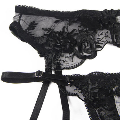 Subblime Ensemble 3 Pièces Soutien-gorge + String + Jarretière Imprimé Floral Noir S/m (vue 9)