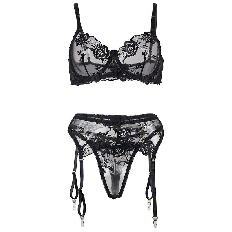 Subblime Ensemble 3 Pièces Soutien-gorge + String + Jarretière Imprimé Floral Noir S/m (vue 6)