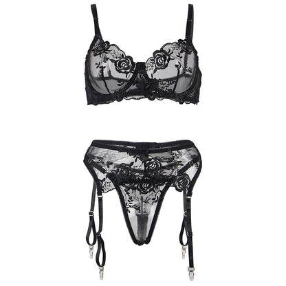 Subblime Ensemble 3 Pièces Soutien-gorge + String + Jarretière Imprimé Floral Noir S/m (vue 6)