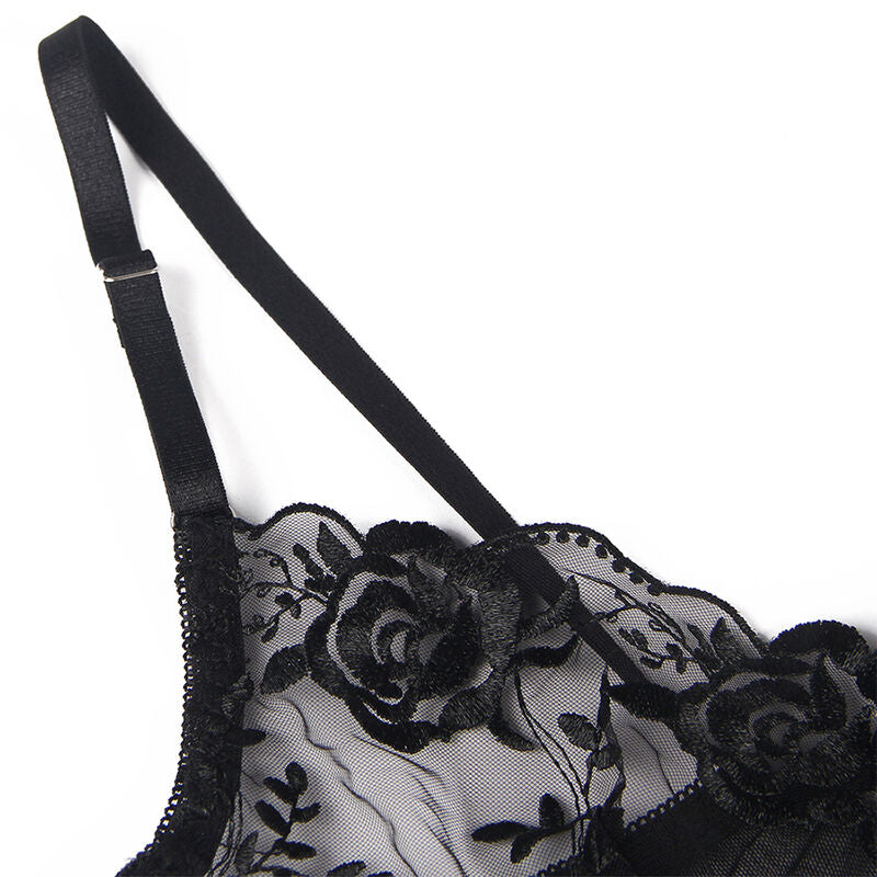 Subblime Ensemble 3 Pièces Soutien-gorge + String + Jarretière Imprimé Floral Noir S/m (vue 12)