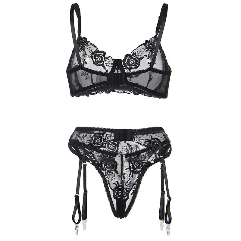 Subblime Ensemble 3 Pièces Soutien-gorge + String + Jarretière Imprimé Floral Noir S/m (vue 7)