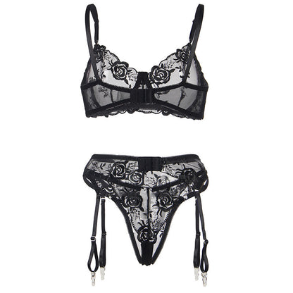 Subblime Ensemble 3 Pièces Soutien-gorge + String + Jarretière Imprimé Floral Noir S/m (vue 7)