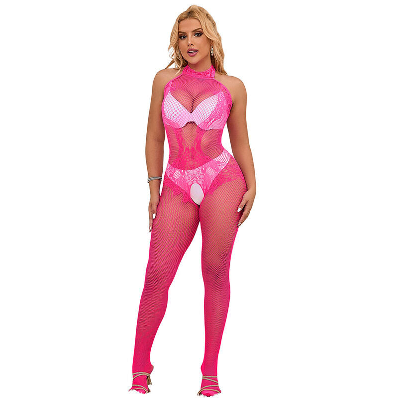 Subblime Bodystocking Résille et Dentelle sans Fourrure avec Col Montant Rose Taille Unique