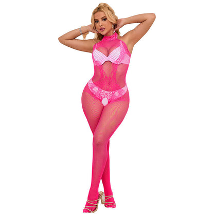 Subblime Bodystocking Résille et Dentelle sans Fourrure avec Col Montant Rose Taille Unique (vue 4)