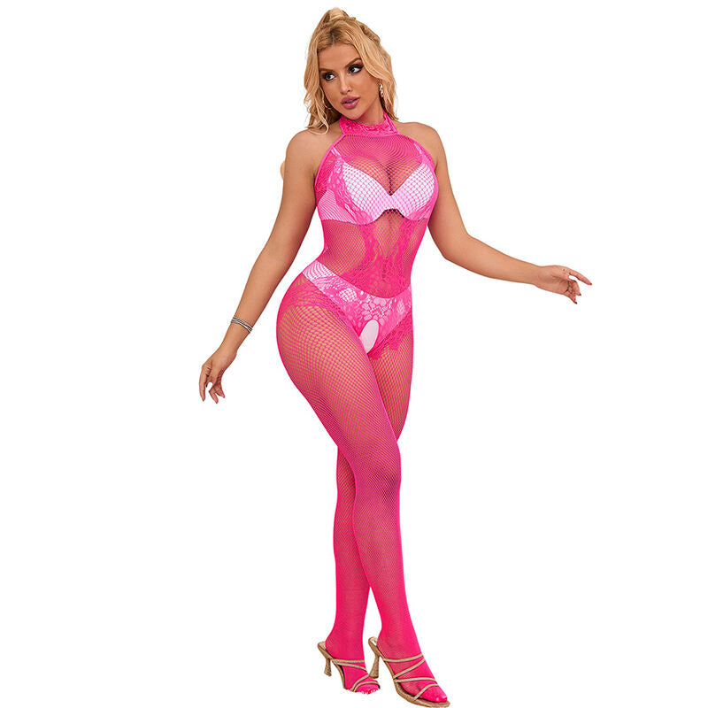 Subblime Bodystocking Résille et Dentelle sans Fourrure avec Col Montant Rose Taille Unique (vue 5)