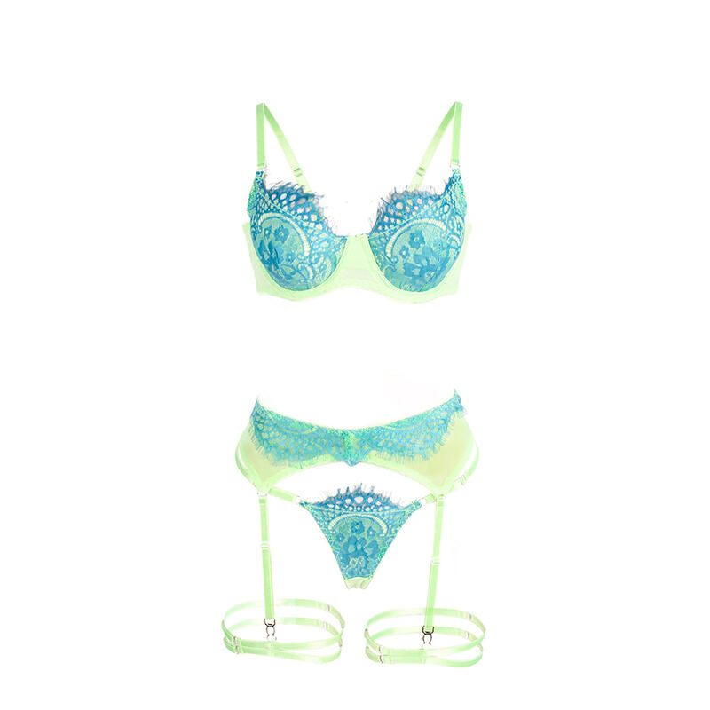 Subblime Ensemble Soutien-gorge avec Lignes Dentelle et Jarretelle Vert et Bleu L/xl (vue 7)